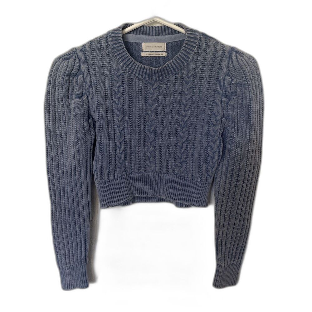Urban Outfitters Preppy Whimsical Puff Sleeve Crop Cable Knit Sweater, Blue, S